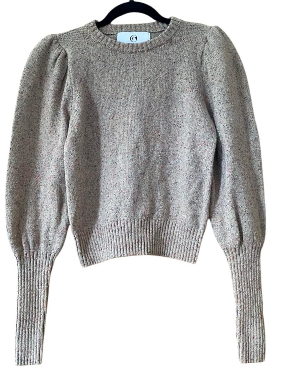 The Bright Side Wool Silk Sweater XS Oatmeal Speckled Puff Sleeve Cropped
